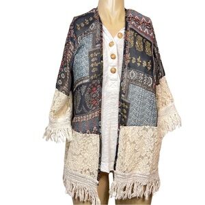 Kimono Patchwork Knit Fringe Open Cardigan